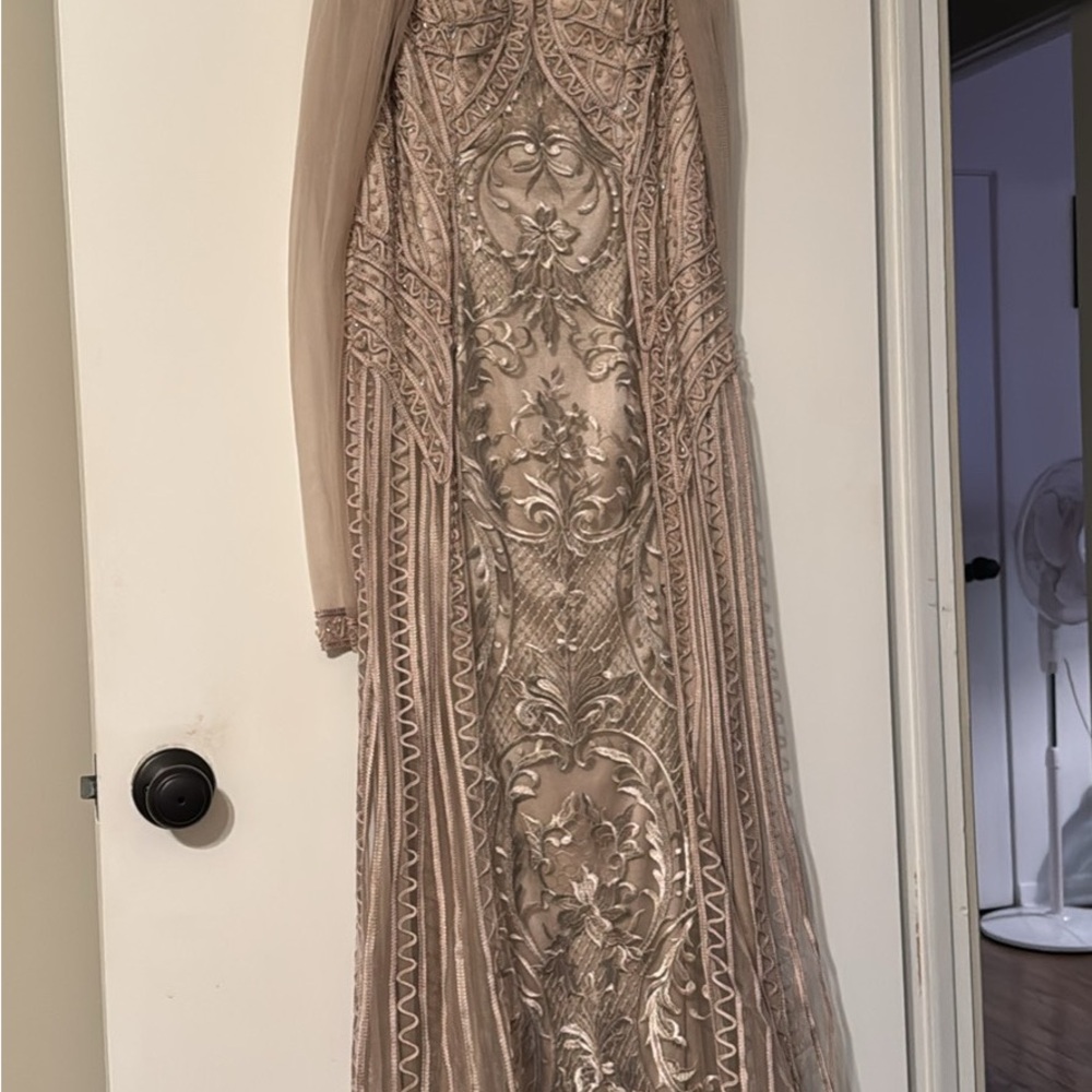 Gold Long Sleeve Gown with Sweetheart Neckline and Bishop Sleeves